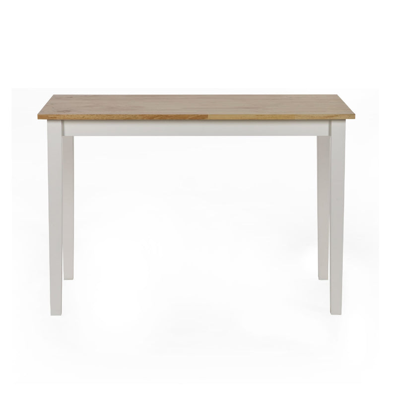 Rectangular table with wooden top and white base on a white background