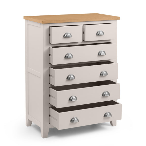 Wooden dresser with six drawers and a light wood top on a white background