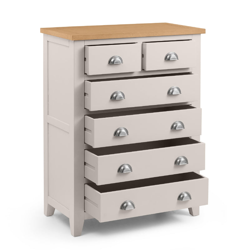Wooden dresser with six drawers and a light wood top on a white background