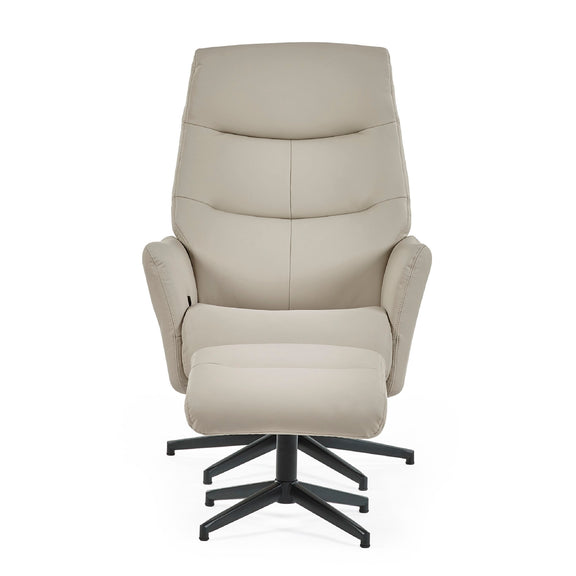 Beige recliner chair with ottoman on a white background