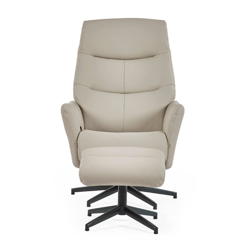 Beige recliner chair with ottoman on a white background
