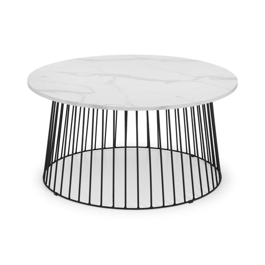 Coffee table with white marble top and black metal base on a white background