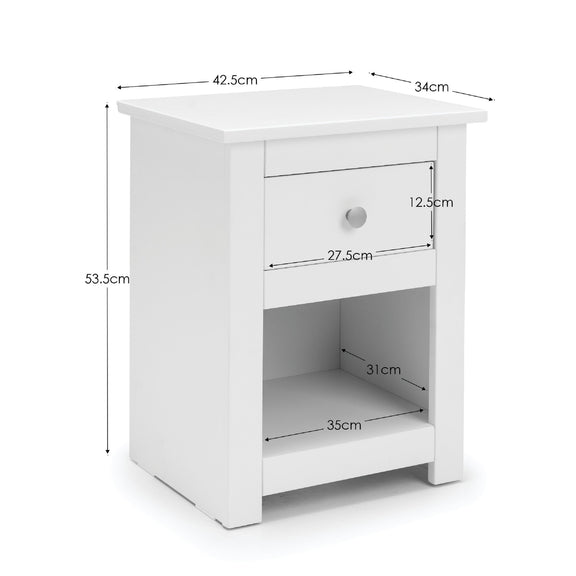 White nightstand with dimensions labeled on a white background