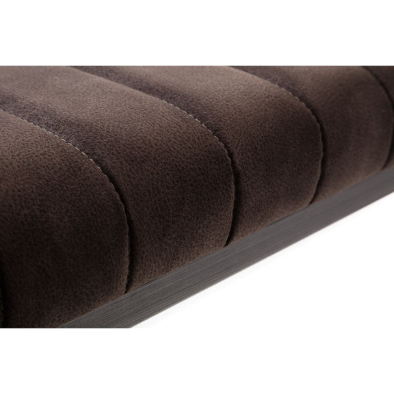 Close-up of a brown upholstered bench with tufted design on a white background