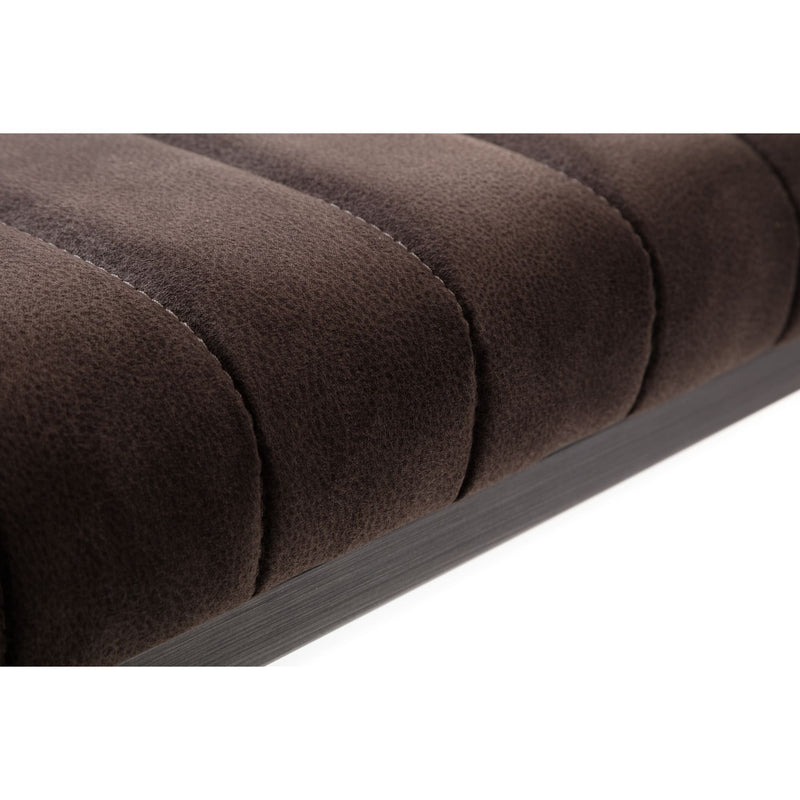 Close-up of a brown upholstered bench with tufted design on a white background