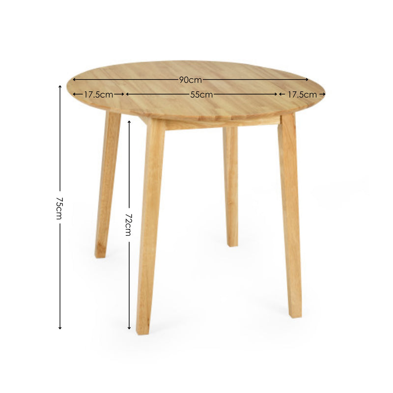 Wooden round table with dimensions labeled on a white background