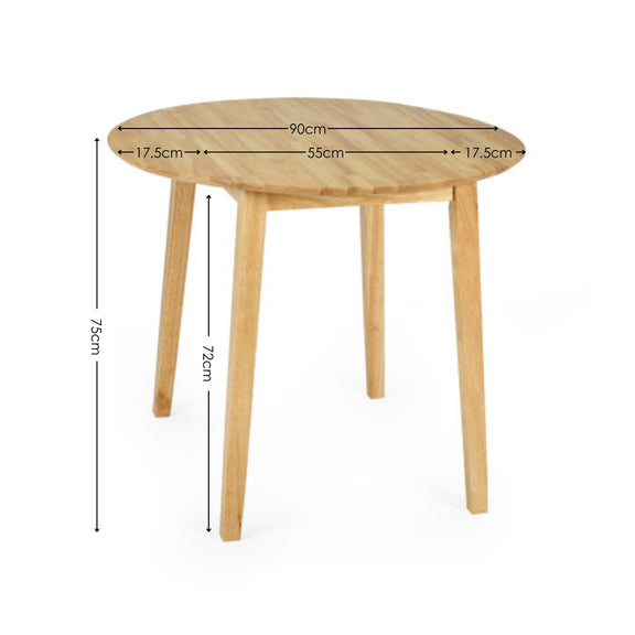 Wooden round table with dimensions labeled on a white background