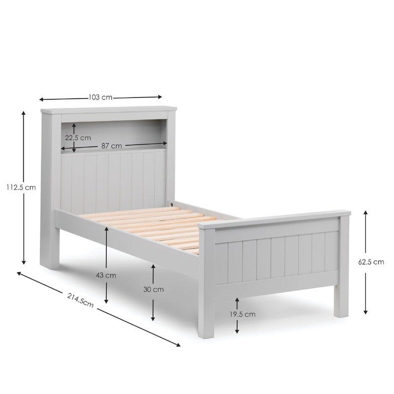 Gray wooden bed with dimensions labeled on a white background