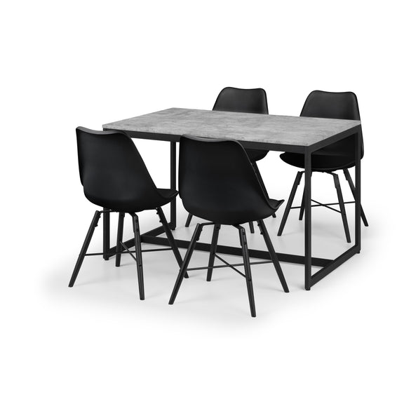 Dining table set with four black chairs on a white background