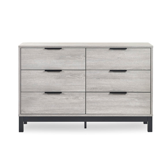 Gray wooden dresser with six drawers on a white background