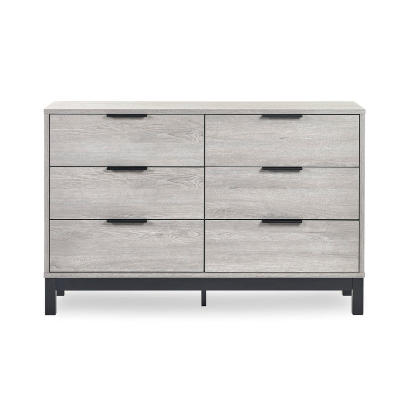 Gray wooden dresser with six drawers on a white background