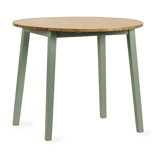 Round wooden table with green legs on a white background
