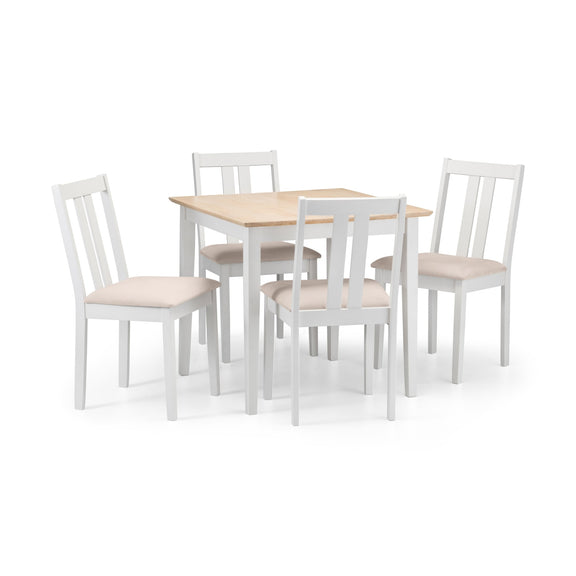 Dining table set with four white chairs on a white background