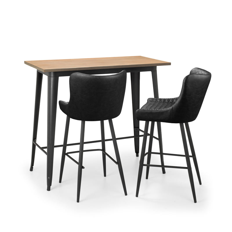 Bar height table with two black bar stools on a white background