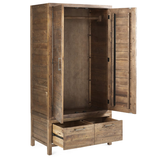 Wooden wardrobe with open doors on a white background