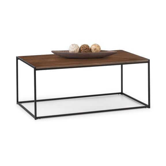 Coffee table with a wooden top and metal frame on a white background