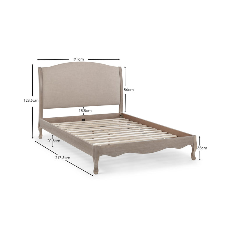 Bed with dimensions labeled on a white background