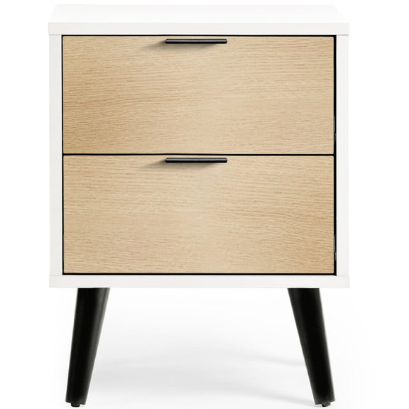 Two-drawer nightstand with wooden finish and black legs on a white background
