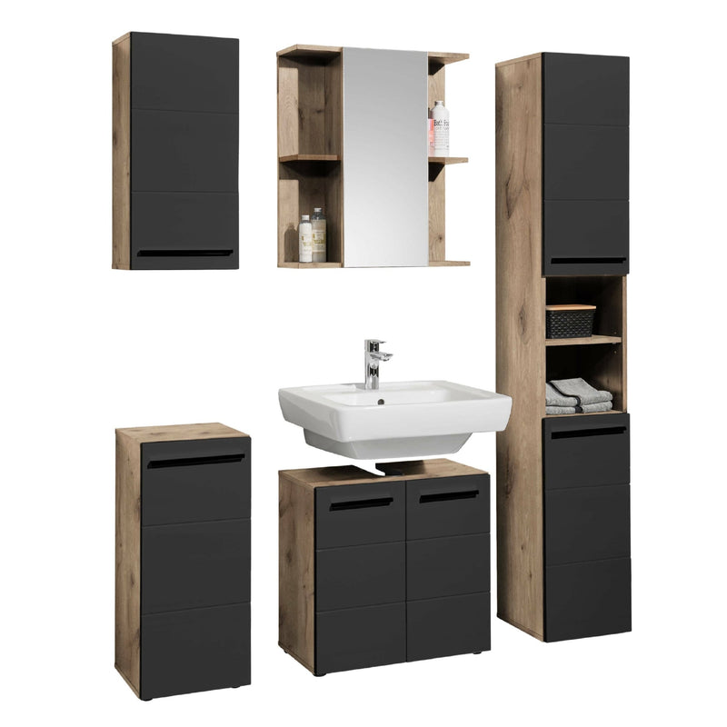 Bathroom furniture set with cabinets, sink, and mirror on a white background
