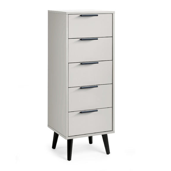 White five-drawer filing cabinet with black legs on a white background