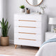 White dresser with wooden handles in a bedroom setting with plants and decor.