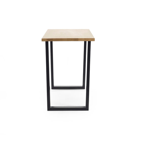 Small side table with wooden top and black metal frame on a white background