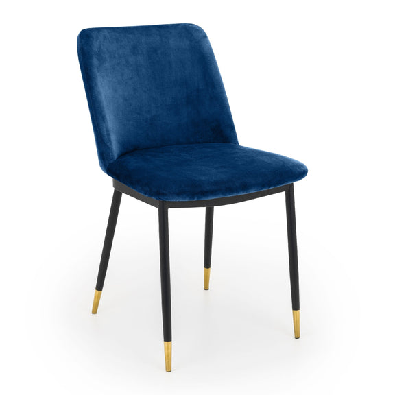 Blue velvet chair with black legs and gold foot caps on a white background
