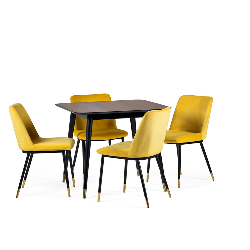 Dining table set with four yellow chairs on a white background