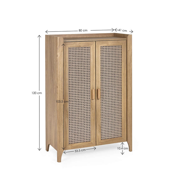 Wooden cabinet with rattan doors and dimensions on a white background