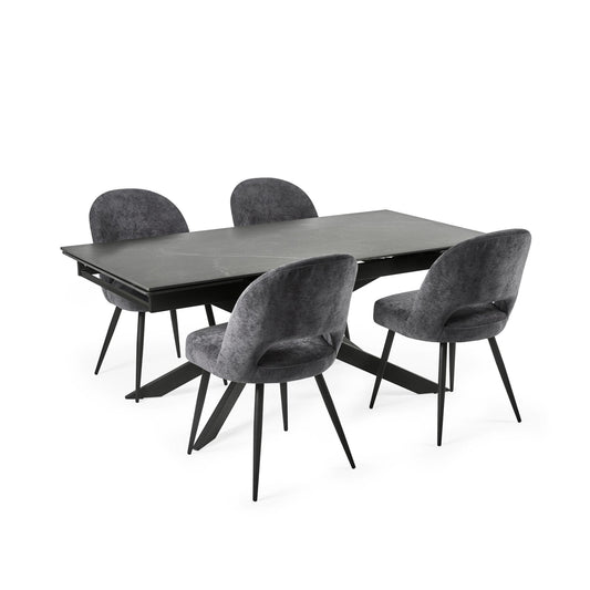 Dining table set with four gray chairs on a white background