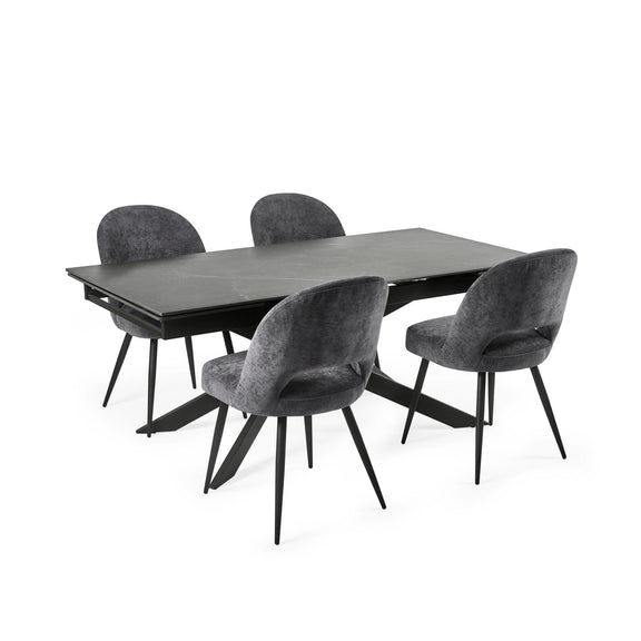 Dining table set with four gray chairs on a white background