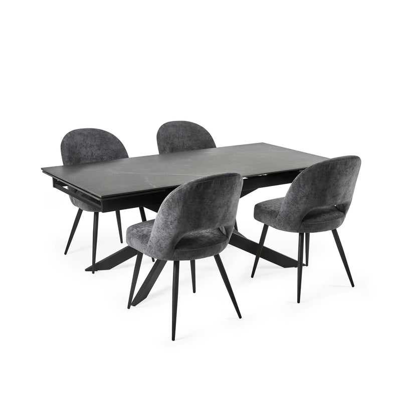 Dining table set with four gray chairs on a white background