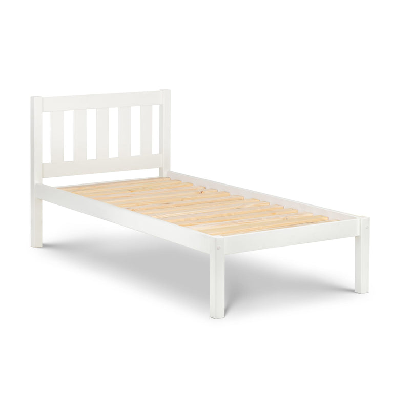 White wooden bed frame with a slatted headboard on a white background