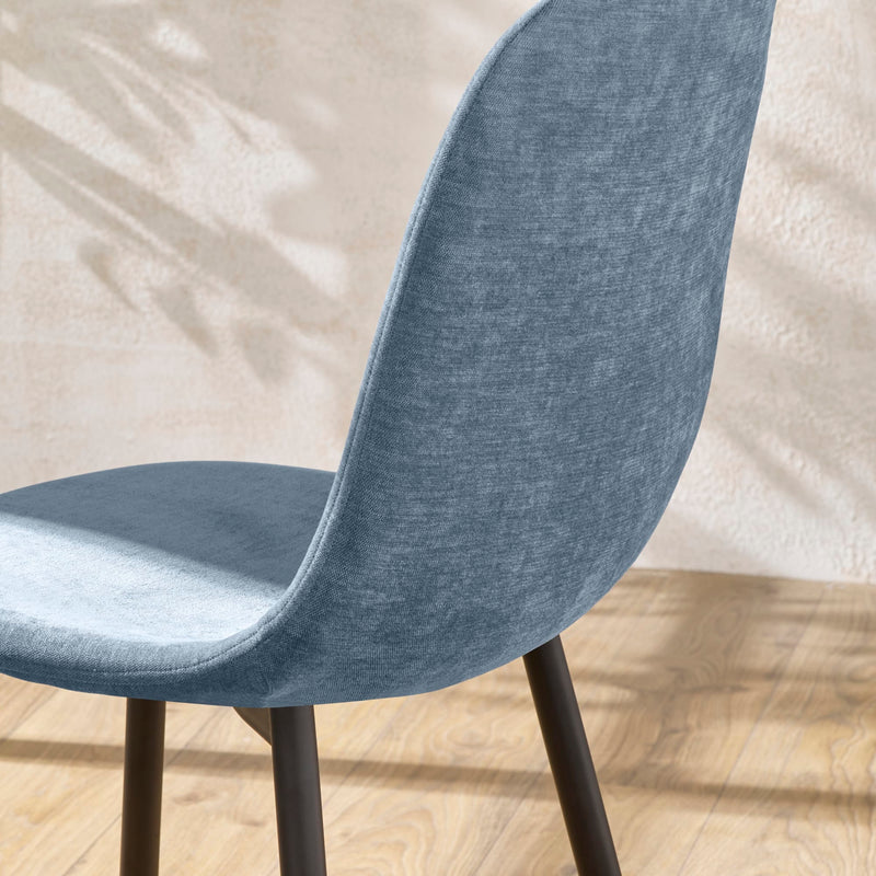 Blue chair with black legs on a wooden floor