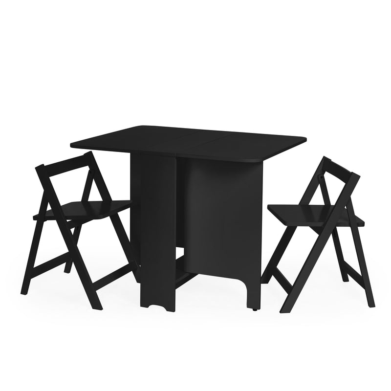 Black table with two matching chairs on a white background