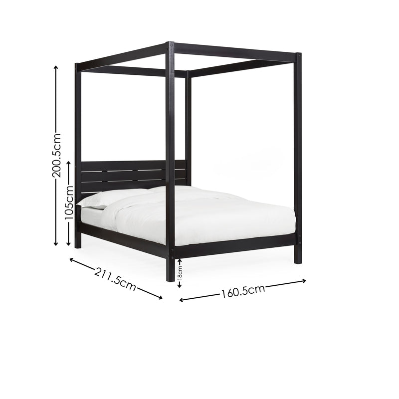 Black metal canopy bed with dimensions on a white background