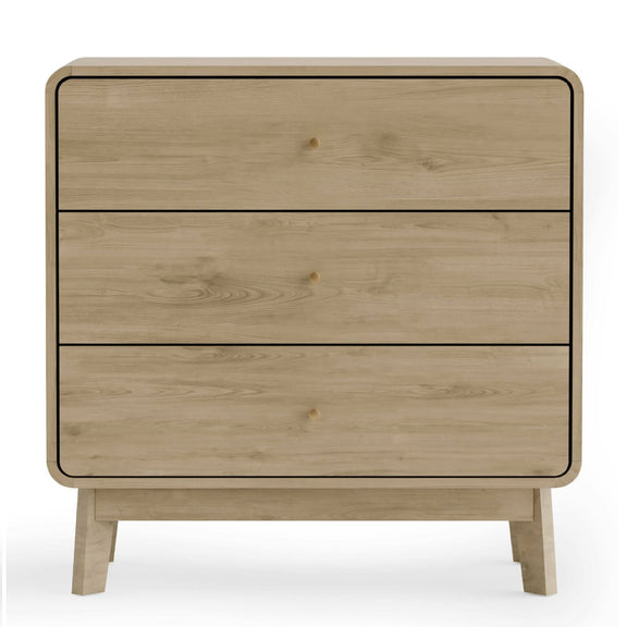 Wooden dresser with three drawers on a white background