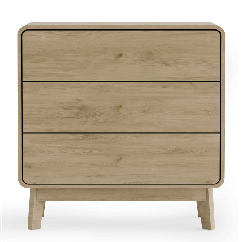 Wooden dresser with three drawers on a white background