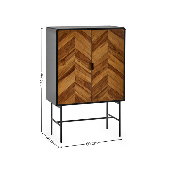 Wooden cabinet with chevron pattern and dimensions on a white background