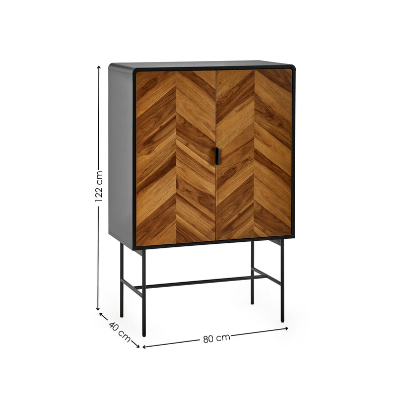 Wooden cabinet with chevron pattern and dimensions on a white background