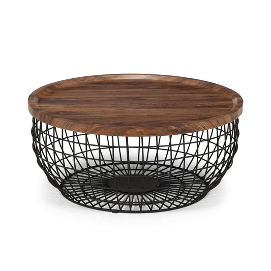Wooden coffee table with black wire base on a white background