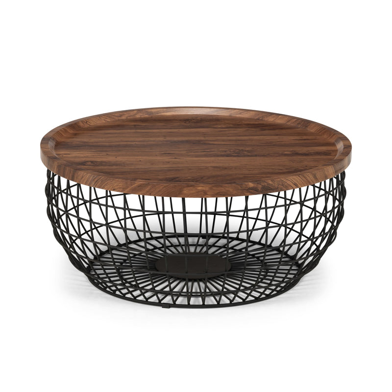 Wooden coffee table with black wire base on a white background