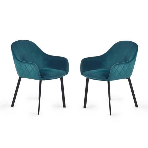 Two teal armchairs with black legs on a white background