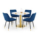 Dining set with round table and four blue chairs on a white background
