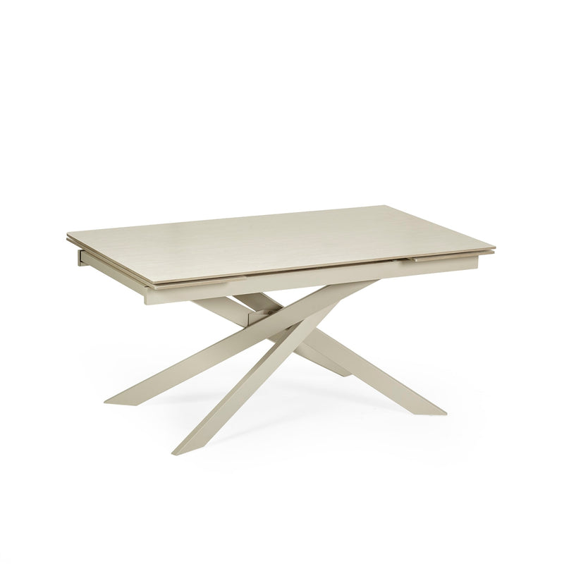 Beige dining table with a modern design on a white background