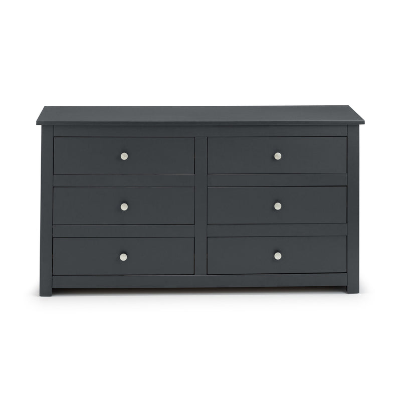 Black dresser with six drawers on a white background