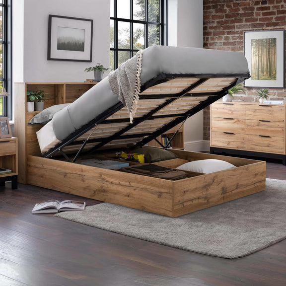 Wooden bed with storage compartments in a bedroom setting
