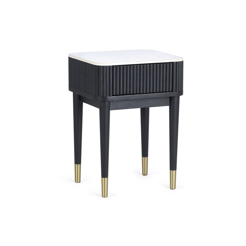 Black side table with white top and gold legs on a white background