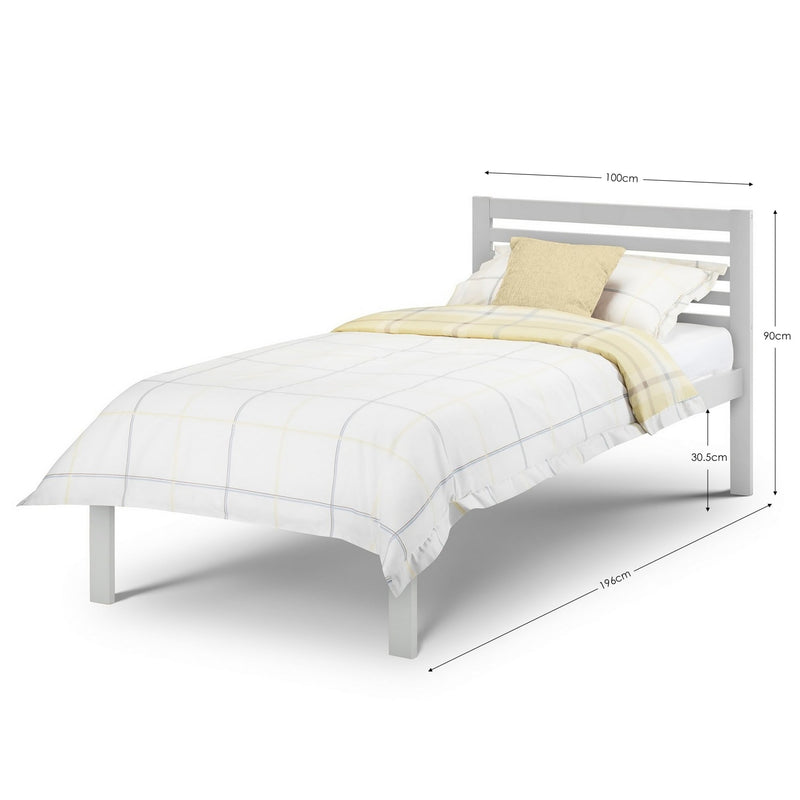 White bed frame with bedding and measurements on a white background