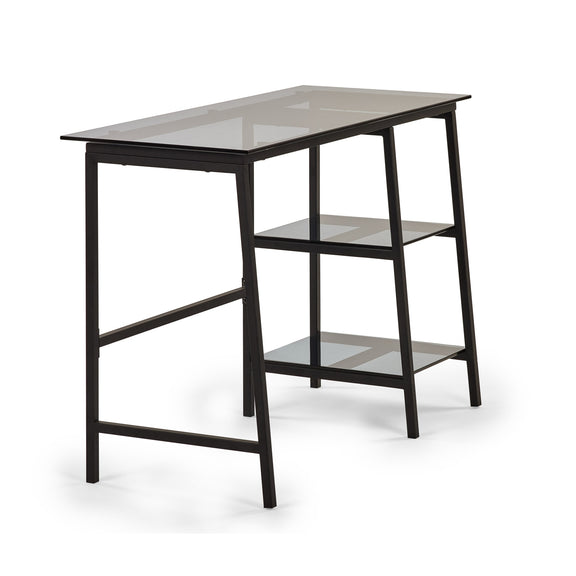 Black metal table with glass top and shelves on a white background